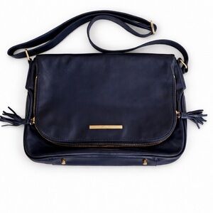 Jack French Navy Leather Shoulder Bag | Tassel Detail | Purple Lining